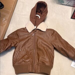 Unisex Starting Out Brown Kids Faux Leather Bomber Jacket with Cream Collar